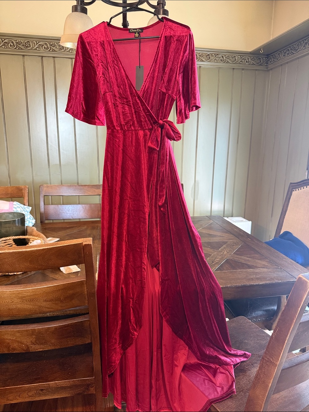 Dramatic Deep Red Velvet Wrap Maxi Dress